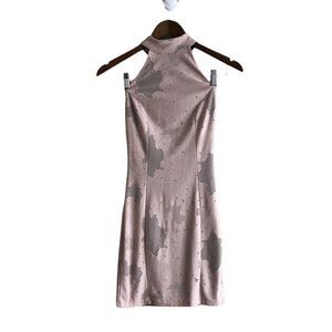 Mystic Vintage Mesh High Neck Fitted Bodycon Open Back Sleeveless Mini Dress Tan